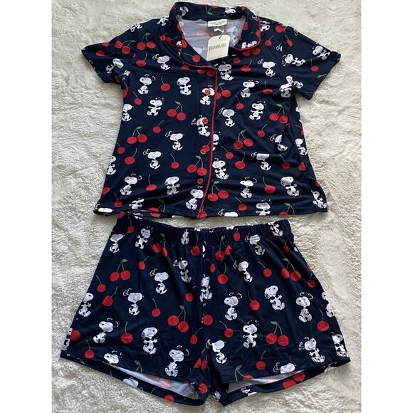 2pc Munki Munki Snoopy Cherry Cherries Pajama Set Shorts Navy Women’s Sz XL NEW - Picture 1 of 14
